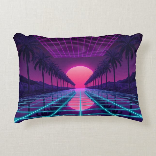 Neon Synthwave Grid & Palms Retro Pillow Dekokissen (Vorderseite)
