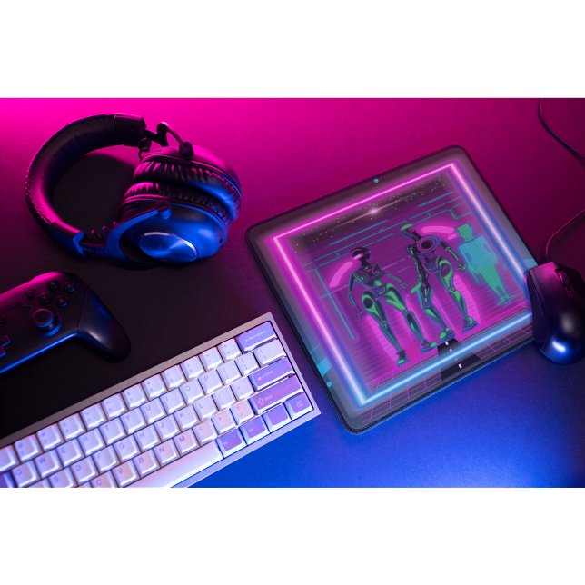 Neon Synthwave Humanoide Roboter Cyberpunk Mousepad (Two neon robots bring retro-futuristic synthwave energy straight to your gaming setup.)