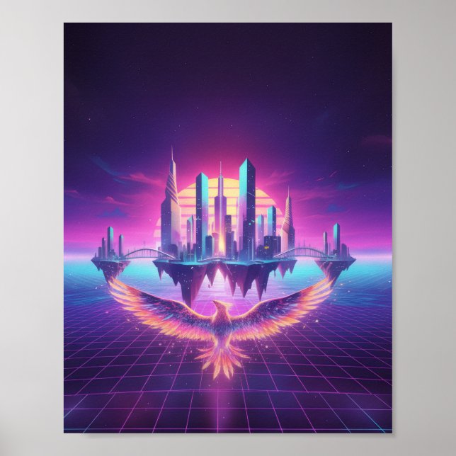 Neon Synthwave-Stadtlandschaft Phoenix Kunstprint Poster (Vorne)