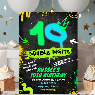 Neon Teenager Grafitti 10 double digit Birthday Einladung