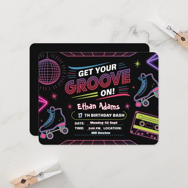 Neon Theme Birthday Einladungskarte Einladung (Vorderseite/Rückseite Beispiel)