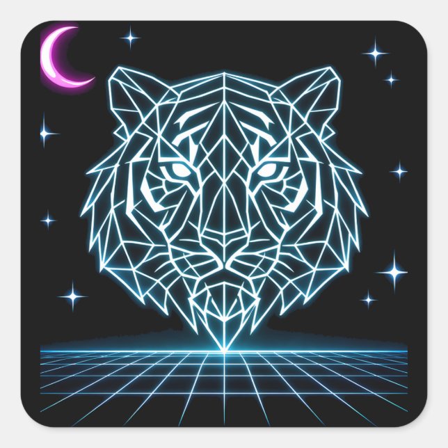 Neon-Tiger-Synthwave – Elektrischer Retro-Striker Quadratischer Aufkleber (Vorderseite)