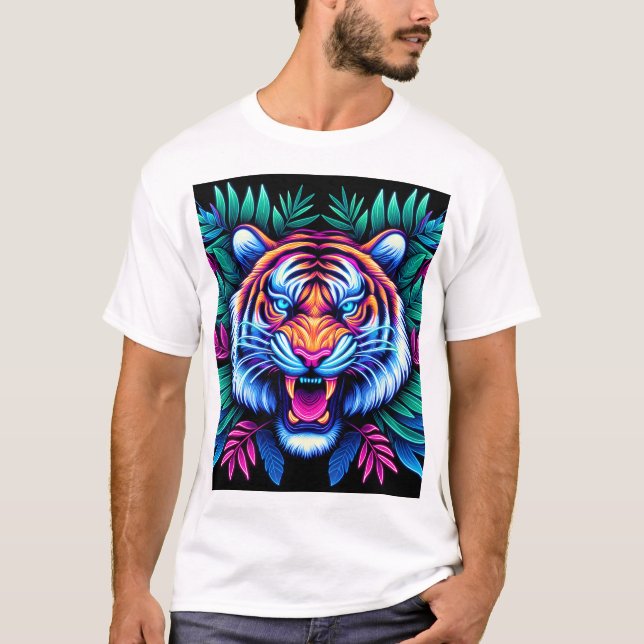Neon Tiger und Dschungel-Blätter T-Shirt (Vorderseite)