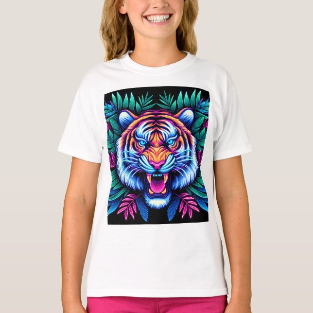 Neon Tiger und Dschungel-Blätter T-Shirt (Vorderseite)