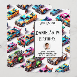 Neon Toy Car Thema 1. Geburtstag Einladung