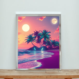 Neon-Träume: Ein ruhiger tropischer Strandsonnenun Poster