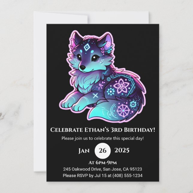Neon Tribal Wolf Birthday Invitation Einladung (Vorderseite)