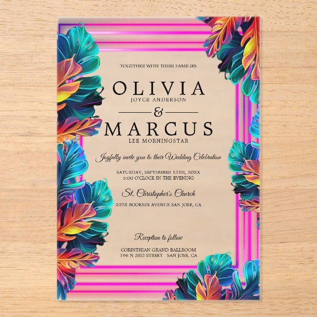 Neon Tropical Foliage Acrylic Invitation Acryleinladungen (Vorderseite)