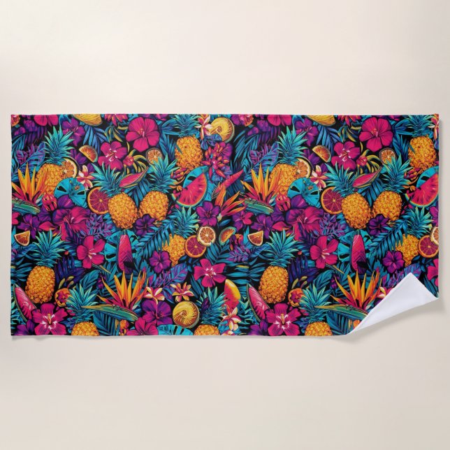 Neon Tropical Fruit Flower Beach Towel - Pineapple Strandtuch (Vorderseite)