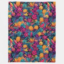Neon Tropical Fruit Flower Throw Blanket
