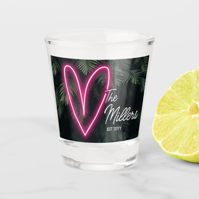 Neon Tropical Palm Liebe Gastgeschenk Hochzeit Schnapsglas (Vorderseite)