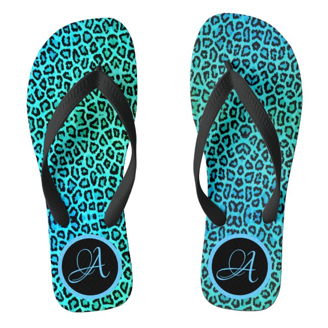 Neon Türkise Leopard Print Monogram Flip Flops (Fußbett)