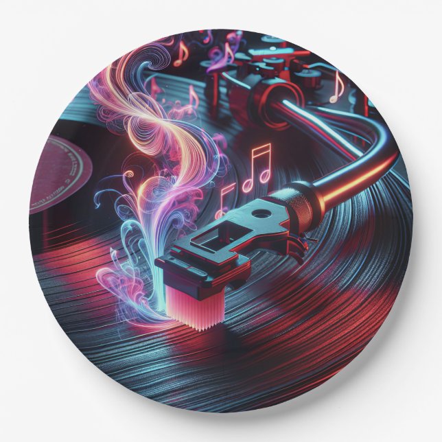 Neon Turntable mit Vinyl Record Pappteller (Vorderseite)