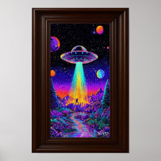 Neon UFO Abduction – Psychedelic Space Art Print Poster