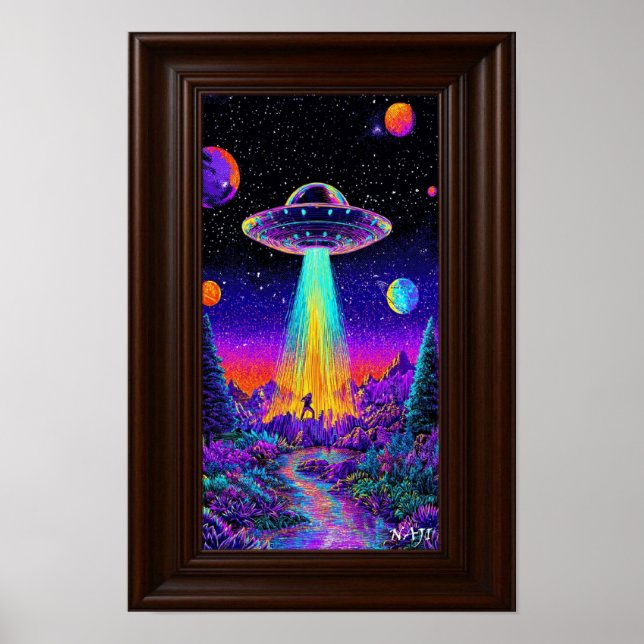 Neon UFO Abduction – Psychedelic Space Art Print Poster (Vorne)