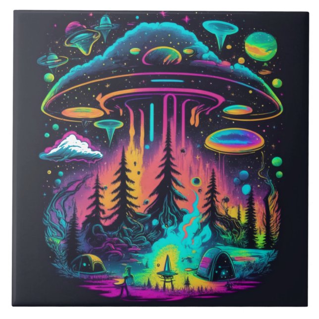Neon UFO und Alien Scene Psychedelic Art Fliese (Vorderseite)