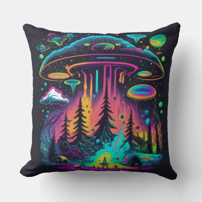 Neon UFO und Alien Scene Psychedelic Art Kissen (Vorderseite)
