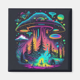 Neon UFO und Alien Scene Psychedelic Art Magnet