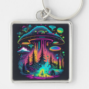 Neon UFO und Alien Scene Psychedelic Art Schlüsselanhänger