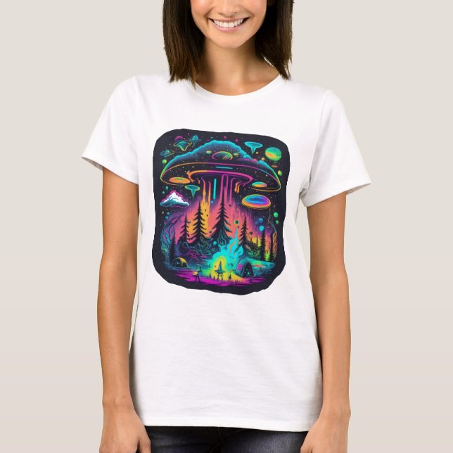 Neon UFO und Alien Scene Psychedelic Art T-Shirt (Vorderseite)