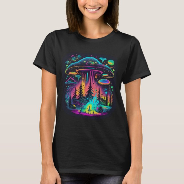 Neon UFO und Alien Scene Psychedelic Art T-Shirt (Vorderseite)