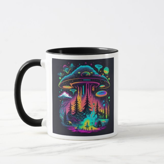 Neon UFO und Alien Scene Psychedelic Art Tasse (Links)