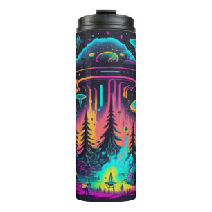 Neon-UFO- und Alien-Szene psychedelische Kunst Thermosbecher
