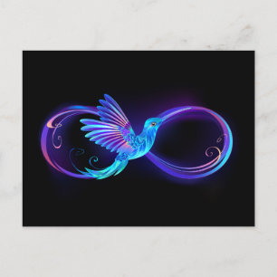 Neon-Unendlichkeitssymbol mit leuchtendem Kolibri Feiertagspostkarte