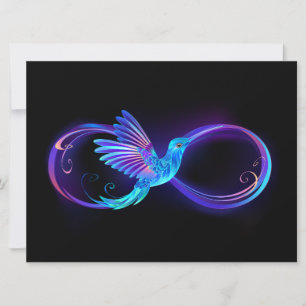 Neon-Unendlichkeitssymbol mit leuchtendem Kolibri Karte