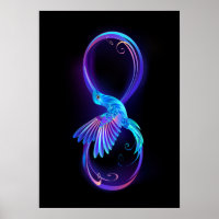 Neon-Unendlichkeitssymbol mit leuchtendem Kolibri