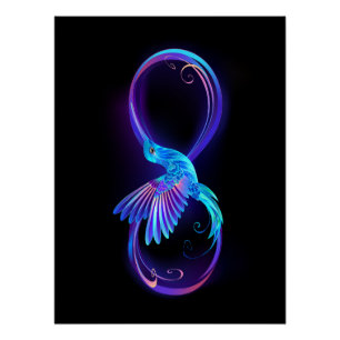 Neon-Unendlichkeitssymbol mit leuchtendem Kolibri Poster