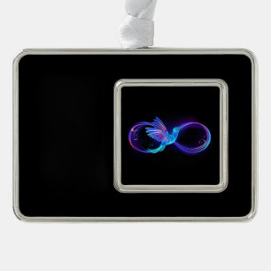 Neon-Unendlichkeitssymbol mit leuchtendem Kolibri Rahmen-Ornament Silber