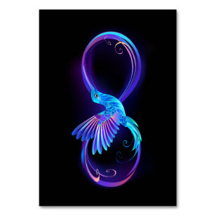 Neon-Unendlichkeitssymbol mit leuchtendem Kolibri Tischnummer