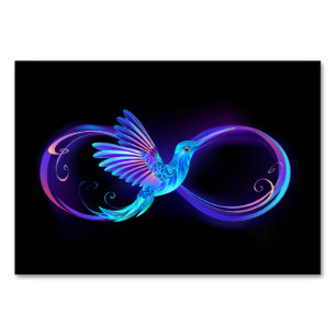 Neon-Unendlichkeitssymbol mit leuchtendem Kolibri Tischnummer