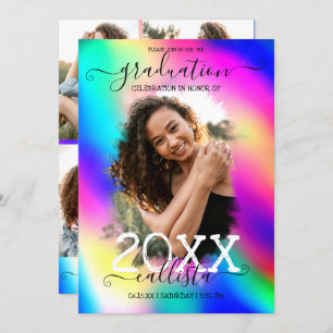 Neon Unicorn Holographic Foto Collage Abschluss Einladung