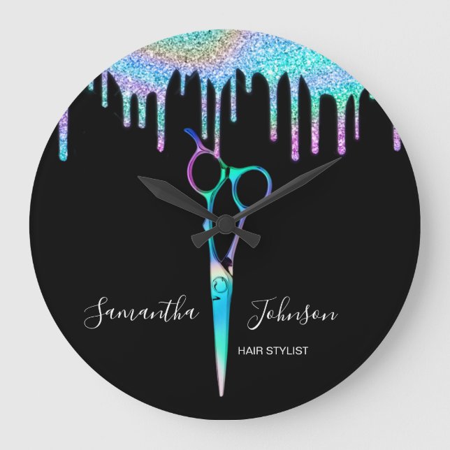 Neon Unicorn Holographic Hairstylist Friseur B Große Wanduhr (Vorderseite)