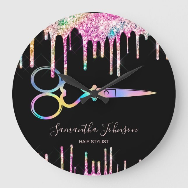 Neon Unicorn Holographic Hairstylist Friseur B Große Wanduhr (Vorderseite)