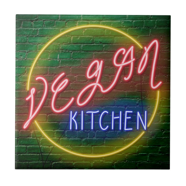 Neon Vegan Kitchen Sign Fliese (Vorderseite)