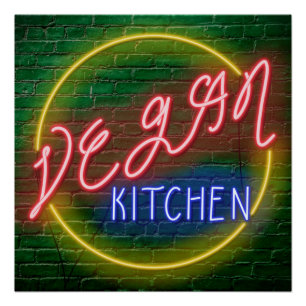 Neon Vegan Kitchen Sign Poster