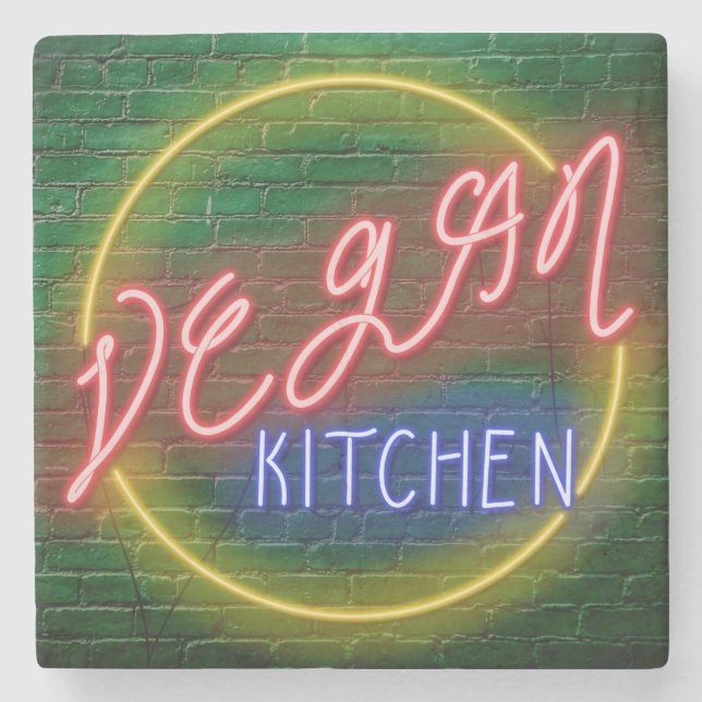 Neon Vegan Kitchen Sign Steinuntersetzer (Vorderseite)
