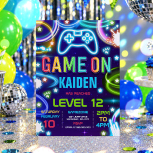 Neon-Videospiel-Geburtstagsfeier Game On Level Up  Einladung