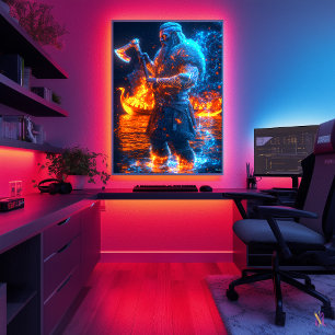 Neon Viking Berserker - Cyber Norse Warrior Poster