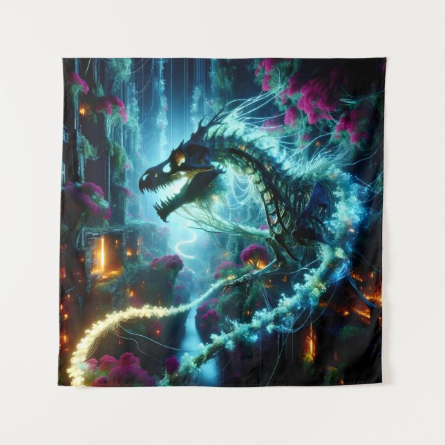 Neon Vines & Dragon Bones: Eclipse in a Futuristic Wandteppich (Vorderseite)