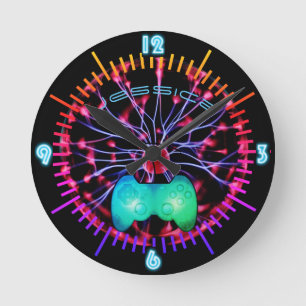 NEON Wall Clock Girl Gamers Plasma Ball Runde Wanduhr