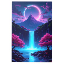 Neon Wasserfall Landschaft mit Bergen