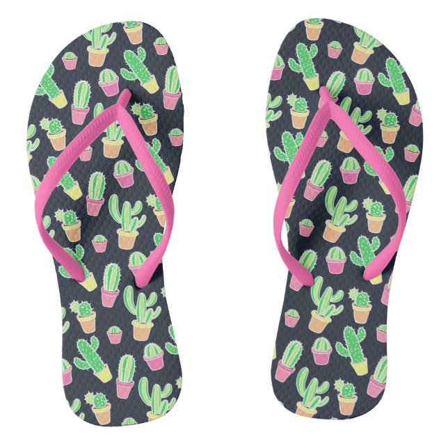 Neon Watercolor Cacti in Pots Pattern Flip Flops (Fußbett)