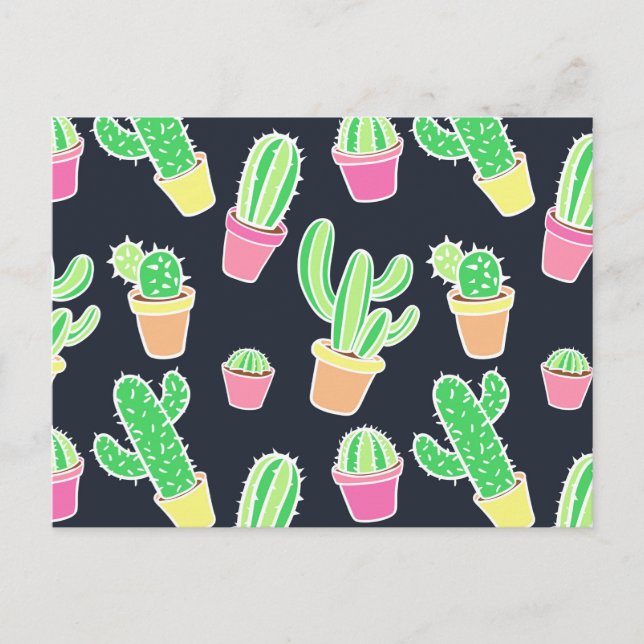Neon Watercolor Cacti in Pots Pattern Postkarte (Vorderseite)