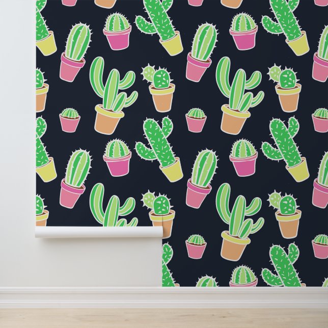 Neon Watercolor Cacti in Pots Pattern Tapete (Anwendung)
