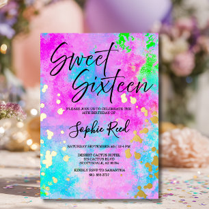 Neon-Watercolor-Süße-Sechzehn-Party Folieneinladung