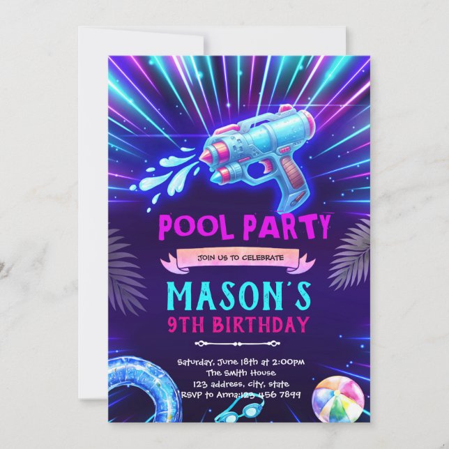 Neon Watergun Party Invitation Einladung (Vorderseite)